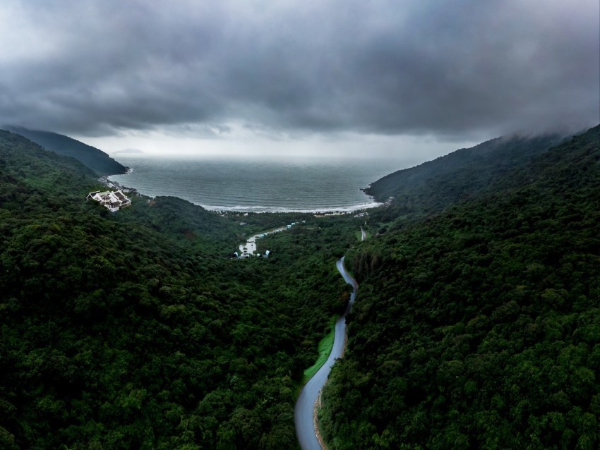 road fog aerial view forest sky sea Transparent image 4k wallpaper