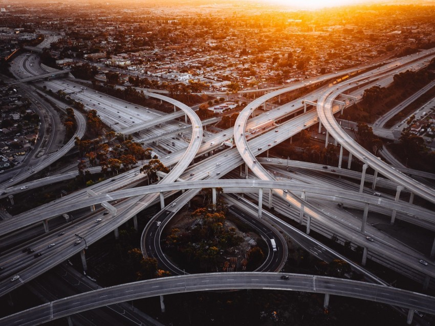 road junction interchange road roads fork sunset city los angeles PNG Image Isolated on Clear Backdrop