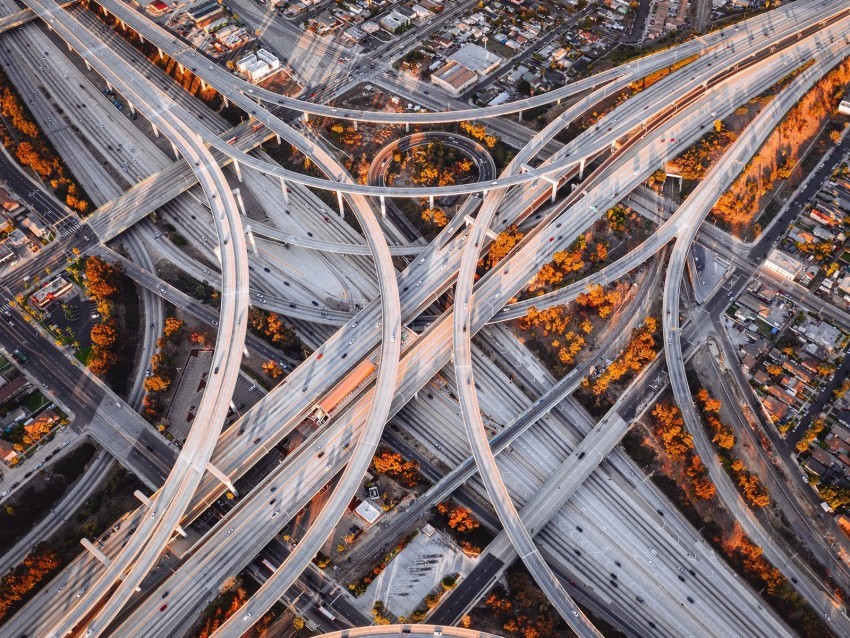 road junction roads aerial view interchange road fork sunset los angeles Clear Background Isolated PNG Object