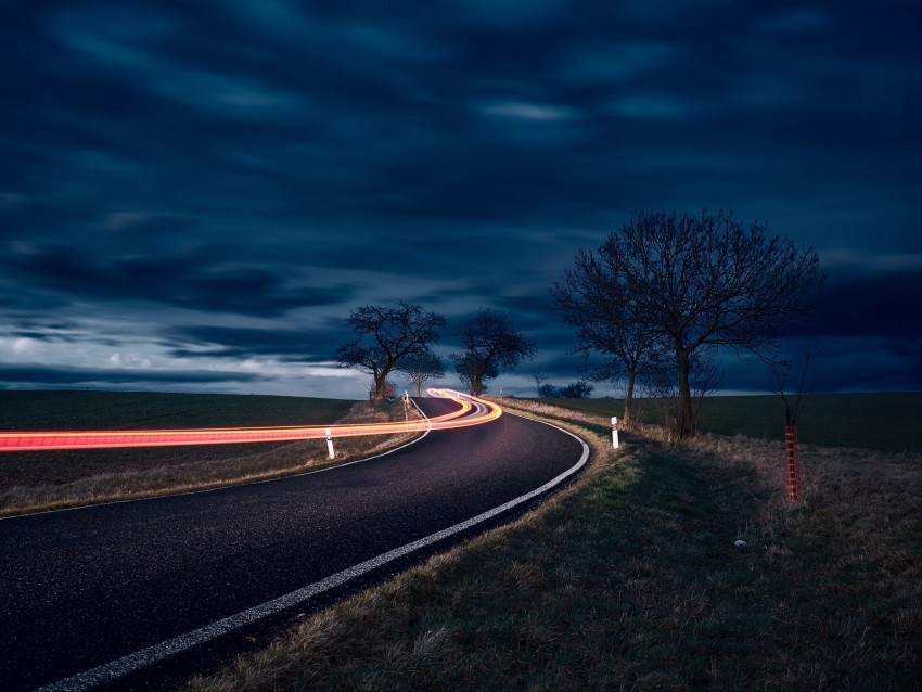 road long exposure turn night trees sky Transparent PNG Isolated Graphic Detail