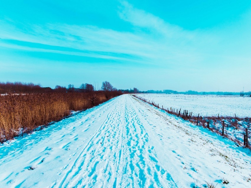 road snow traces field winter landscape PNG clear background