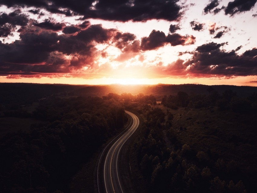 road sunset sky trees forest aerial view High-resolution transparent PNG images 4k wallpaper
