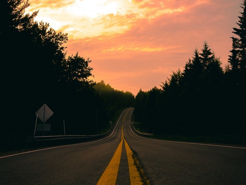 road turn marking forest sunset PNG high resolution free