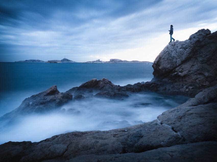 rock cliff man sea loneliness water Isolated Design Element in Transparent PNG