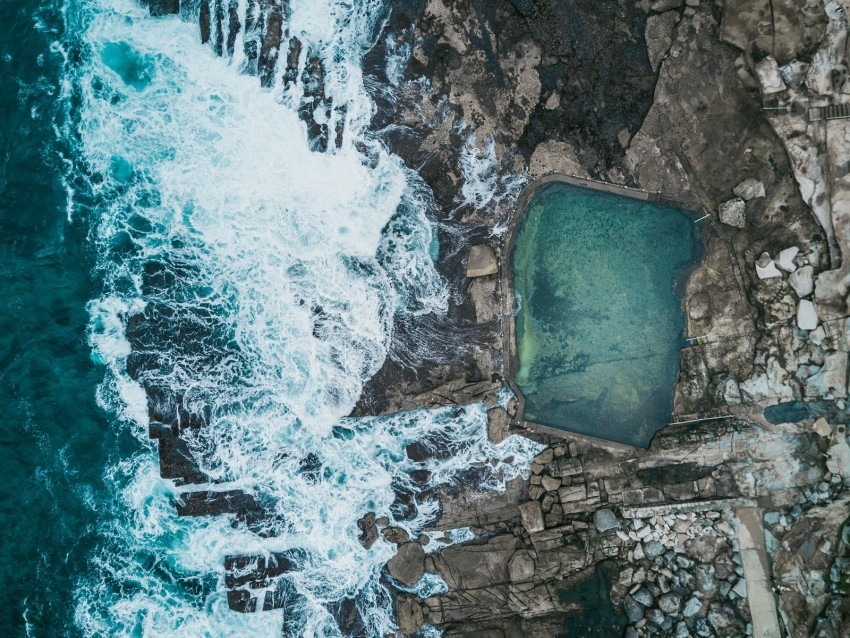 sea coast aerial view stones rocks waves pool PNG transparent design 4k wallpaper