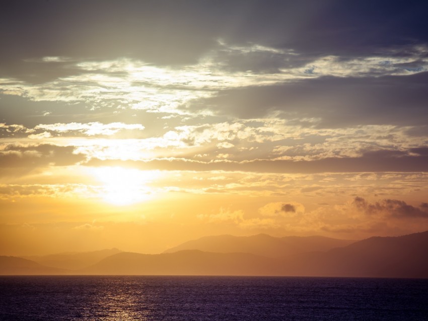 sea horizon sunset clouds mountains fog PNG design 4k wallpaper