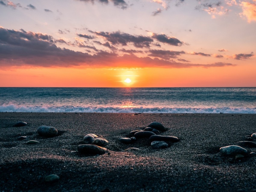 sea stones shore horizon sunset sky PNG with transparent overlay