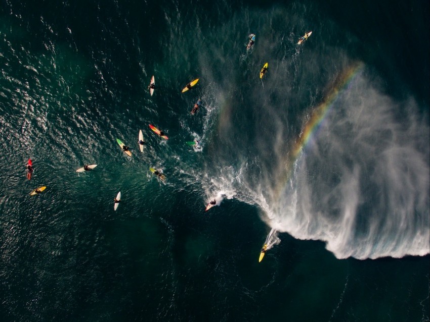 sea surfers aerial view surfing waves rainbow Transparent PNG Object Isolation