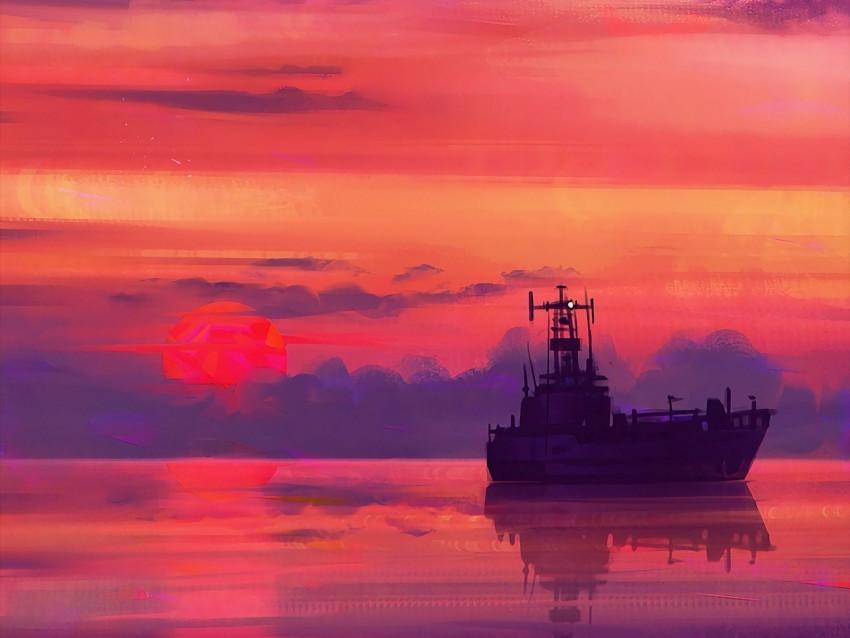 ship art sea sunset horizon sky clouds PNG photo without watermark