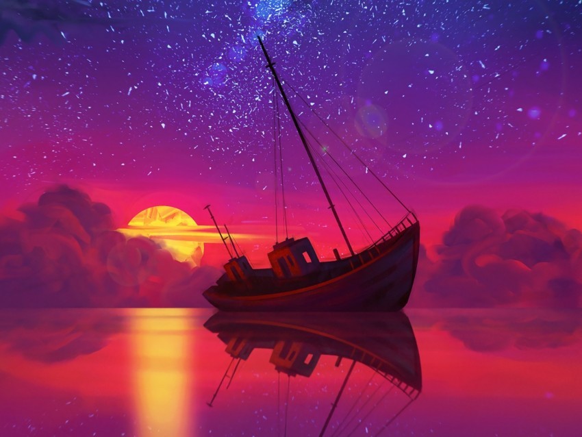 ship full moon horizon sunset art PNG with transparent background for free