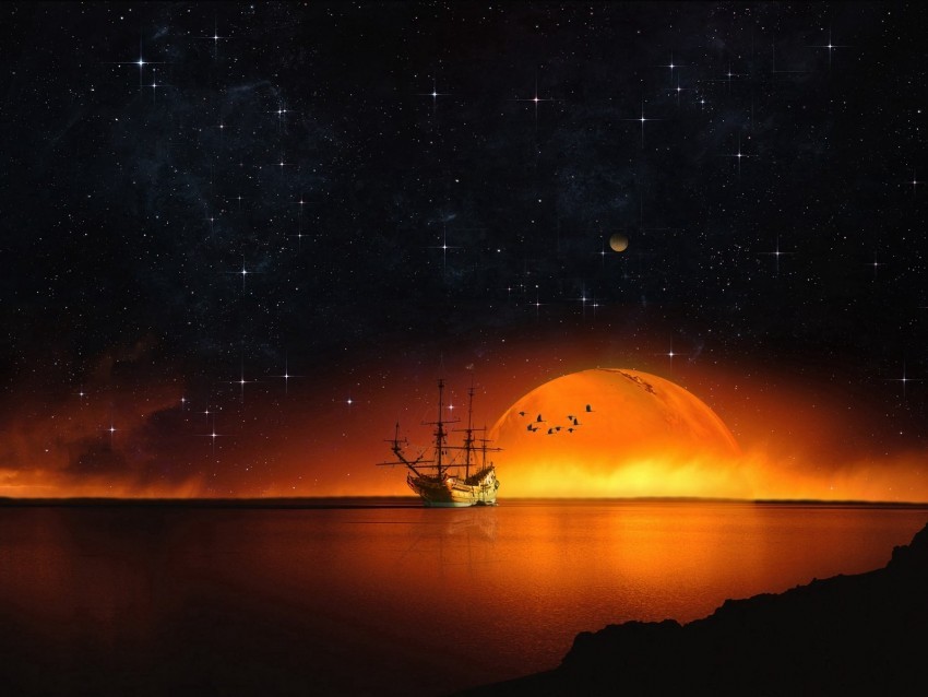 ship starry sky night sea photoshop Transparent Background Isolated PNG Illustration