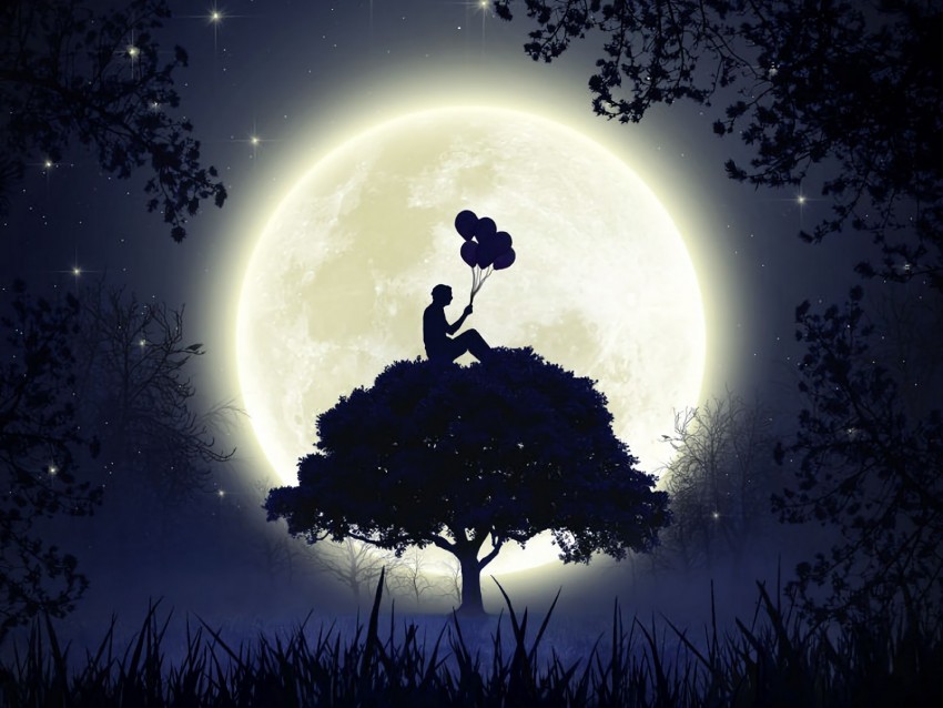 silhouette balloons moon full moon tree art PNG Image with Transparent Isolated Design