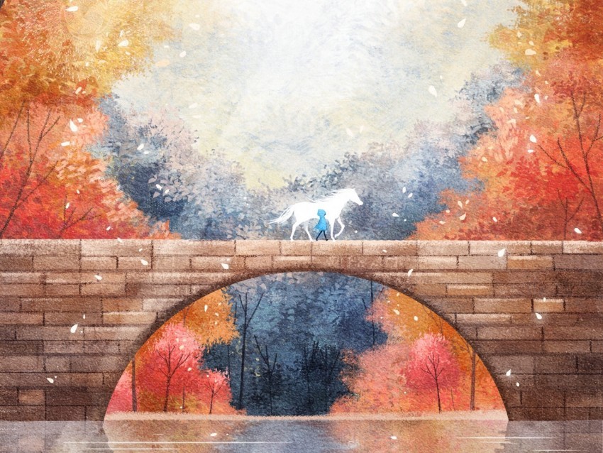 silhouette horse bridge autumn art PNG with clear overlay