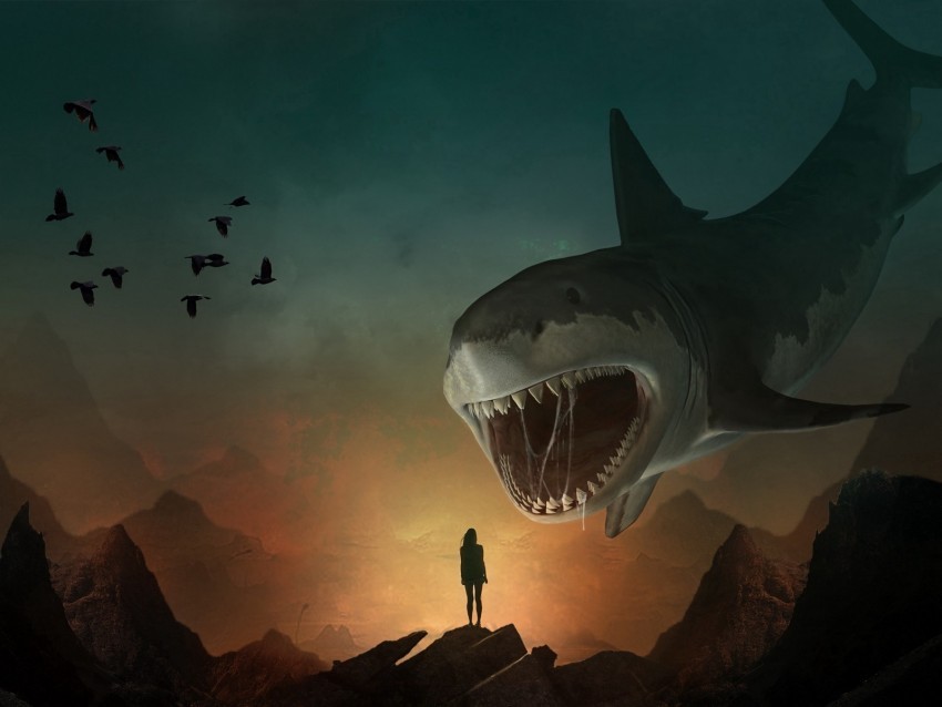 silhouette shark art mouth teeth predator illusion PNG for free purposes