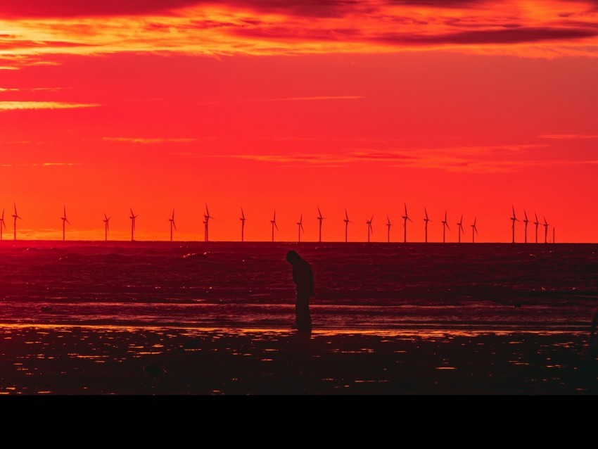 silhouette wind turbines sunset horizon red PNG Graphic with Transparency Isolation
