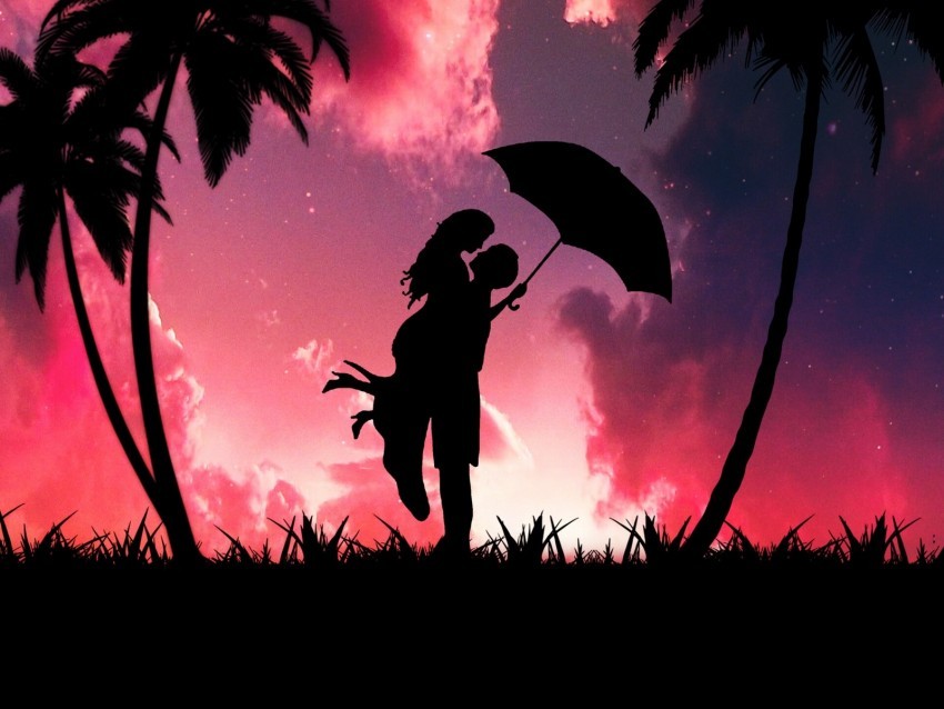 silhouettes couple love romance hugs palm trees dark Transparent Background PNG Isolated Icon