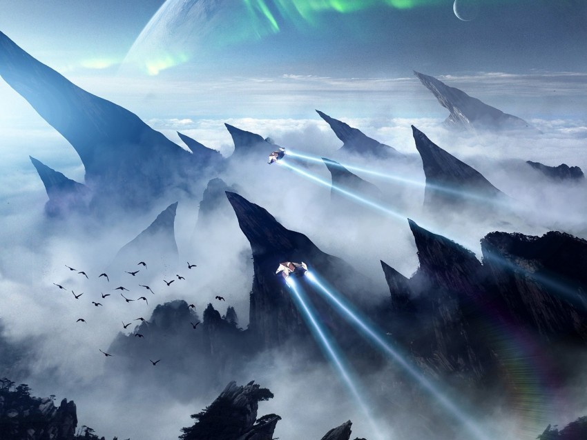 spaceship rocks landscape extraterrestrial birds shine aurora fog PNG for presentations