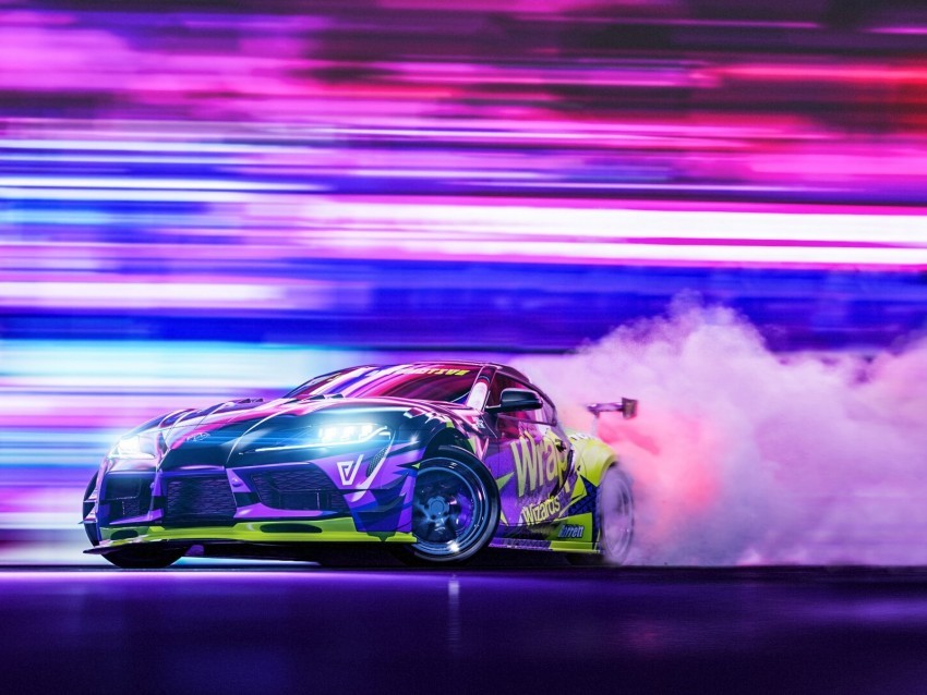 sportscar drift neon smoke speed Isolated Character in Clear Background PNG