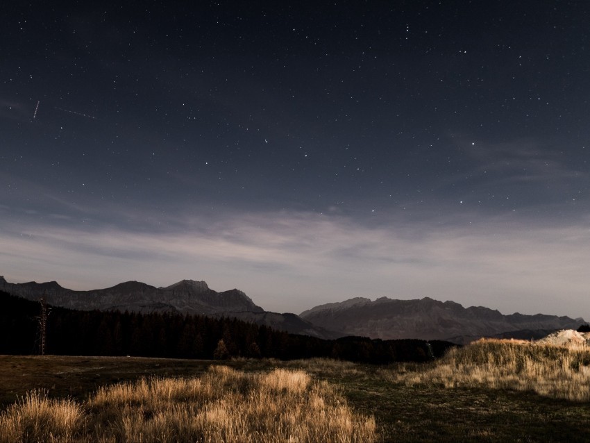 starry sky night stars grass mountains PNG photo with transparency 4k wallpaper