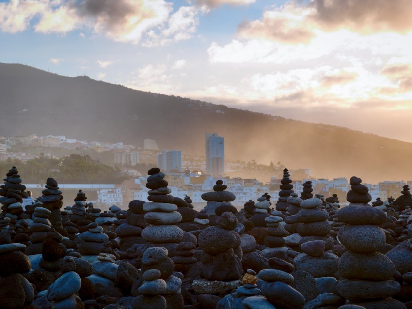 stones city mountains fog landscape PNG no watermark