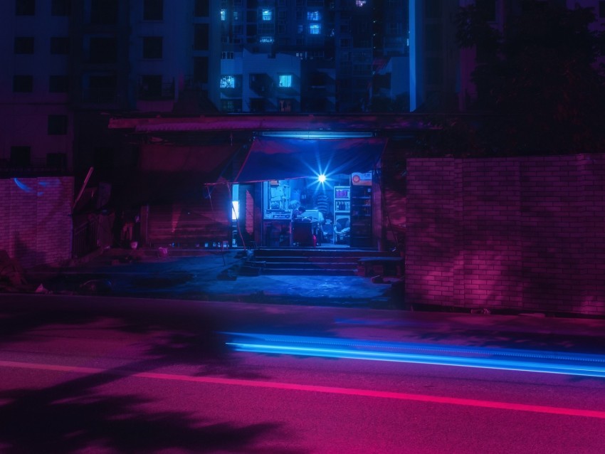 street night neon light city buildings Isolated Element with Clear PNG Background
