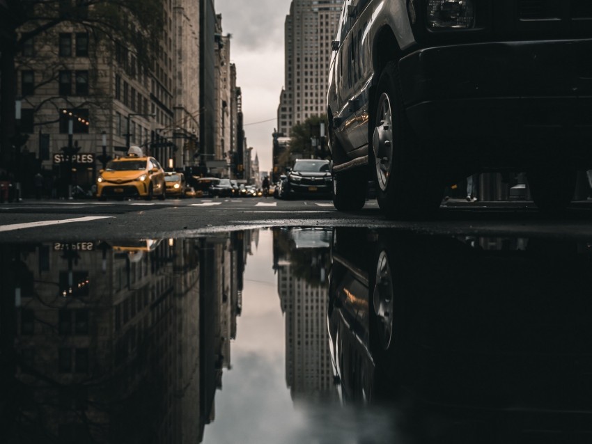 street puddle reflection cars buildings asphalt PNG files with alpha channel