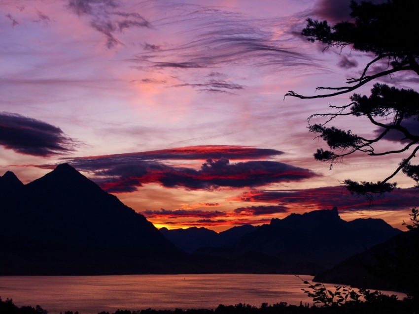 sunset branches sky clouds mountains Transparent PNG vectors 4k wallpaper