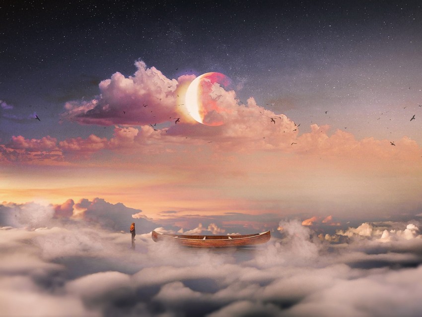 surrealism boat clouds lonely man starry sky Transparent PNG images for graphic design 4k wallpaper