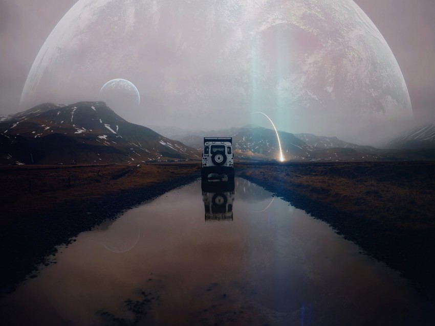 suv mountains water landscape alien traveling meteorite reflection photoshop Isolated Subject with Clear Transparent PNG