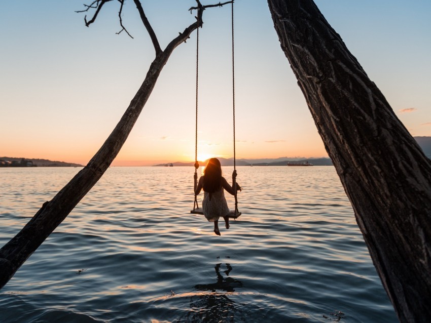 swing girl sunset lake river PNG with isolated background 4k wallpaper