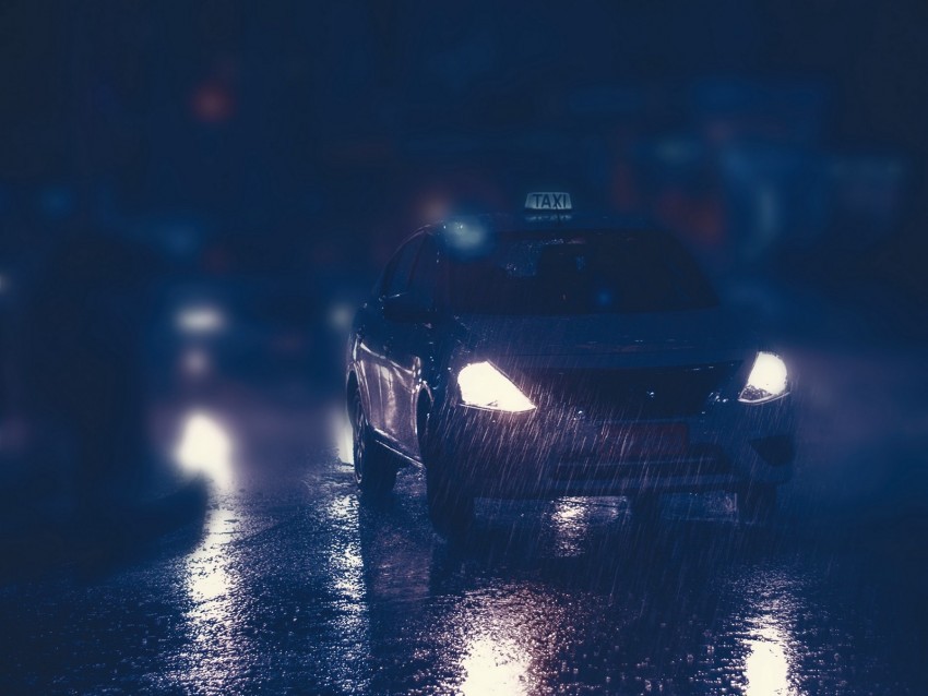 taxi car night rain lights street Transparent PNG images pack