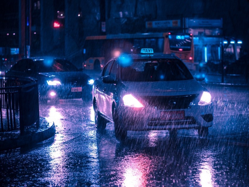 taxi car rain night city street PNG with no background for free