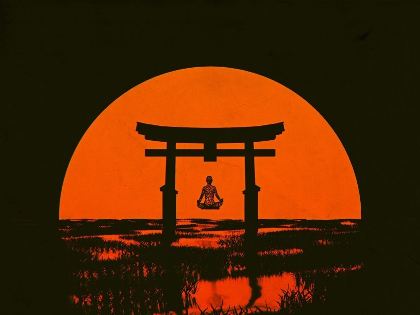 torii silhouette meditation sun arch vector Clear background PNG elements