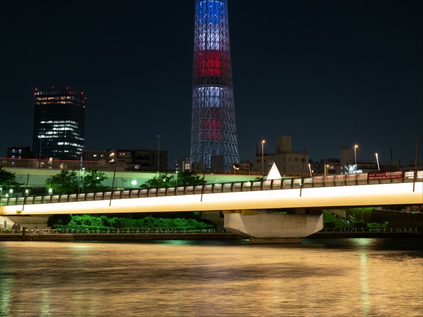 tower building architecture night city bridge river Isolated Graphic on Transparent PNG