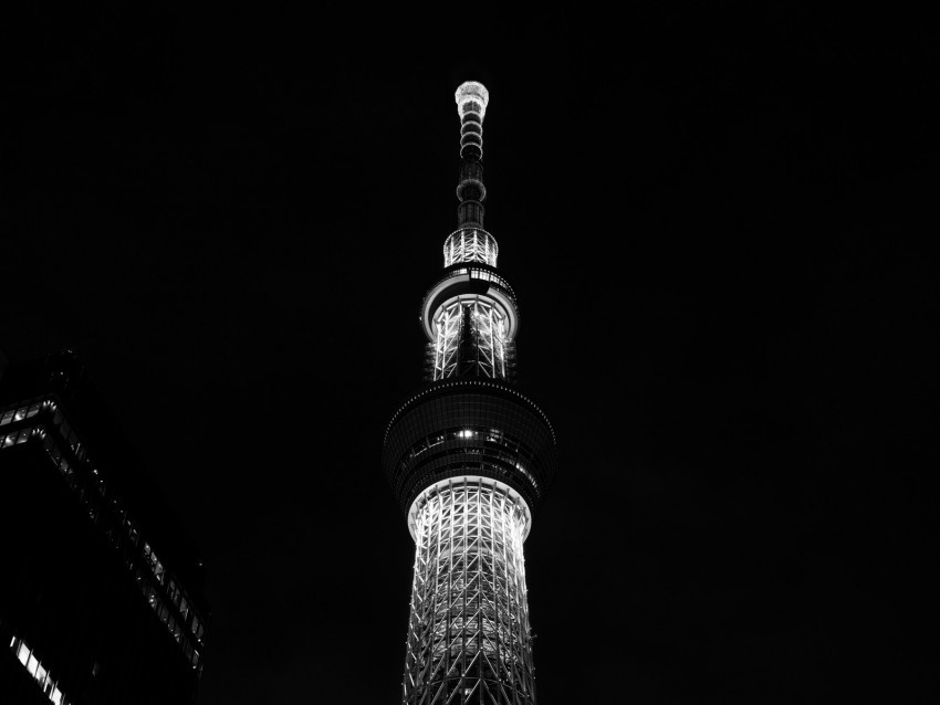 tower night city bw architecture building Isolated Item with Transparent Background PNG