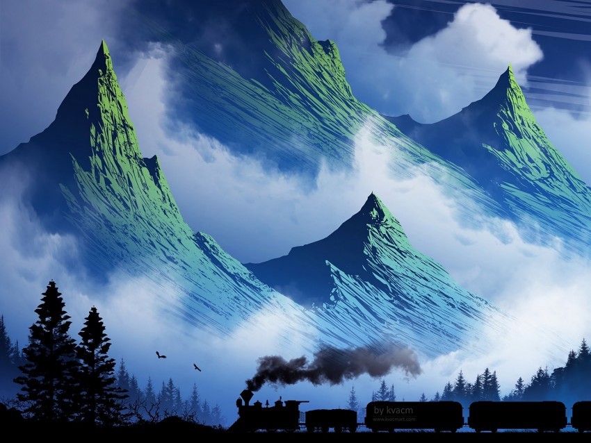 train mountains art fog smoke Transparent Background PNG Isolated Item