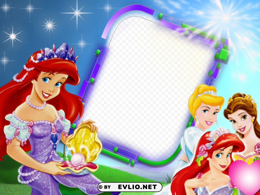 transparent blue kids frame with princesses and ariel Isolated Design Element on PNG