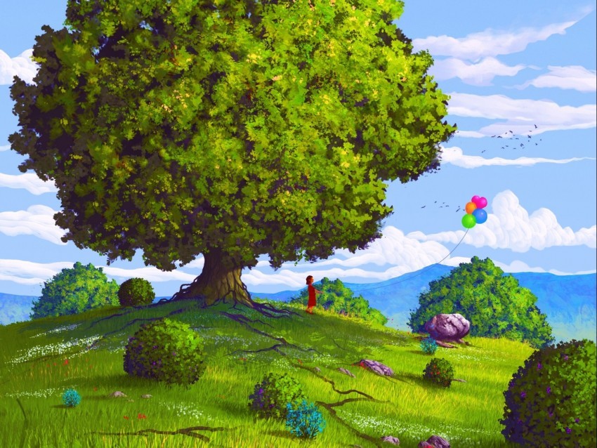 tree field balloons summer child Clear PNG file 4k wallpaper