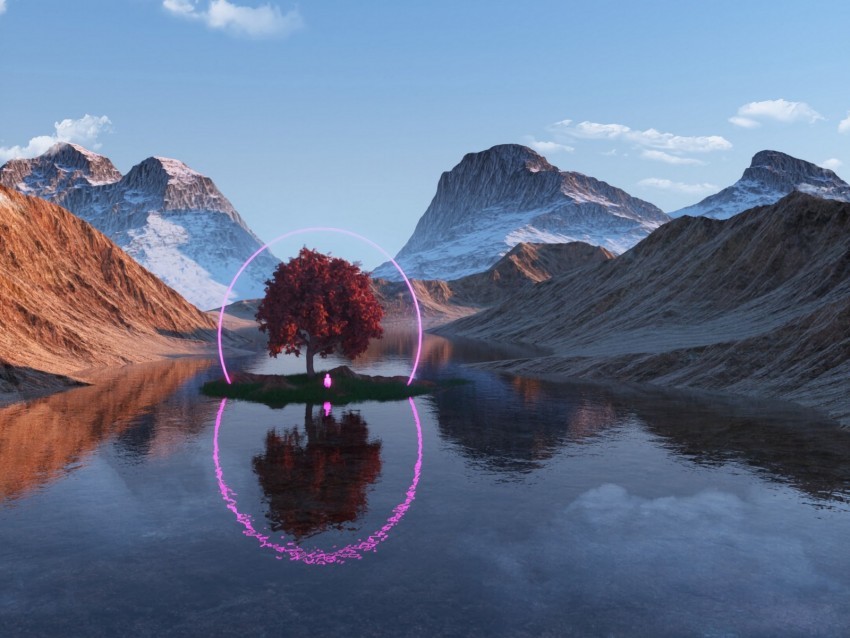 tree lake mountains ring neon reflection PNG Image with Isolated Graphic Element