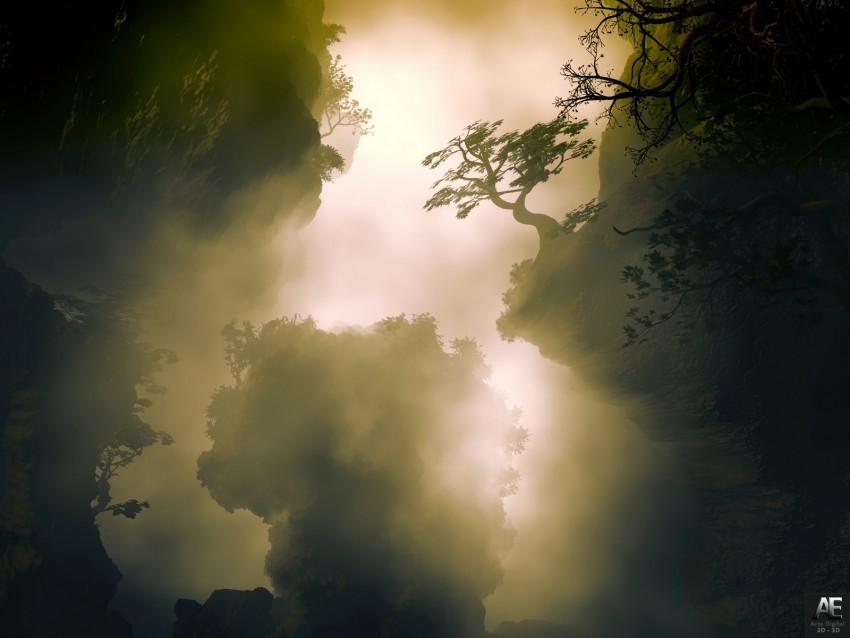 trees fog hills cliffs PNG images with transparent layer 4k wallpaper