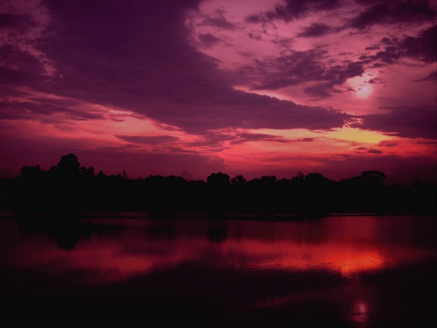 twilight lake trees sunset sky purple dark PNG design 4k wallpaper