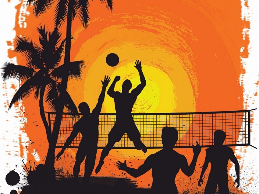 volleyball silhouettes sun palm trees art Clear Background Isolated PNG Graphic