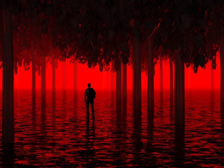 water trees man red neon light flooded PNG Image with Isolated Transparency 4k wallpaper