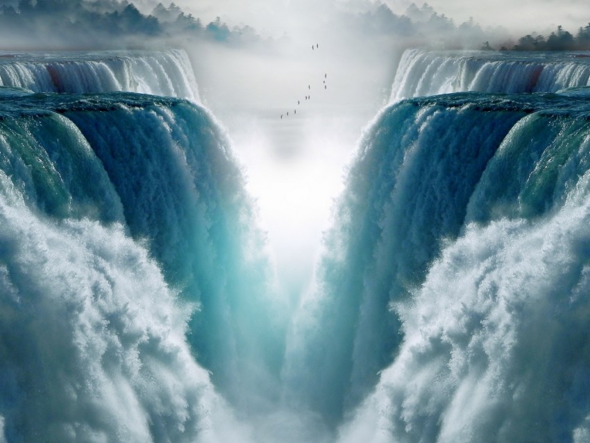 waterfall birds fog cliff water PNG files with transparent backdrop