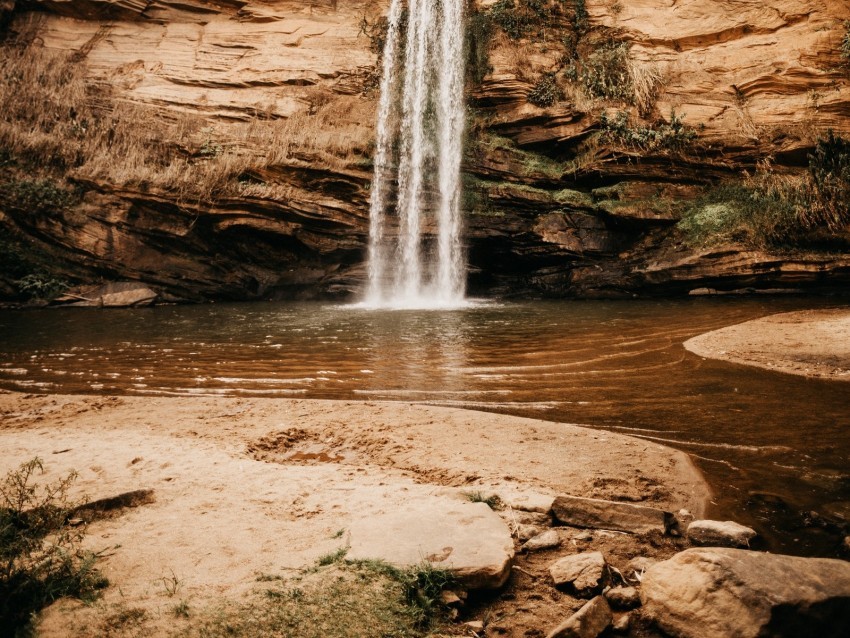 waterfall cliff river stones shore PNG file with alpha 4k wallpaper