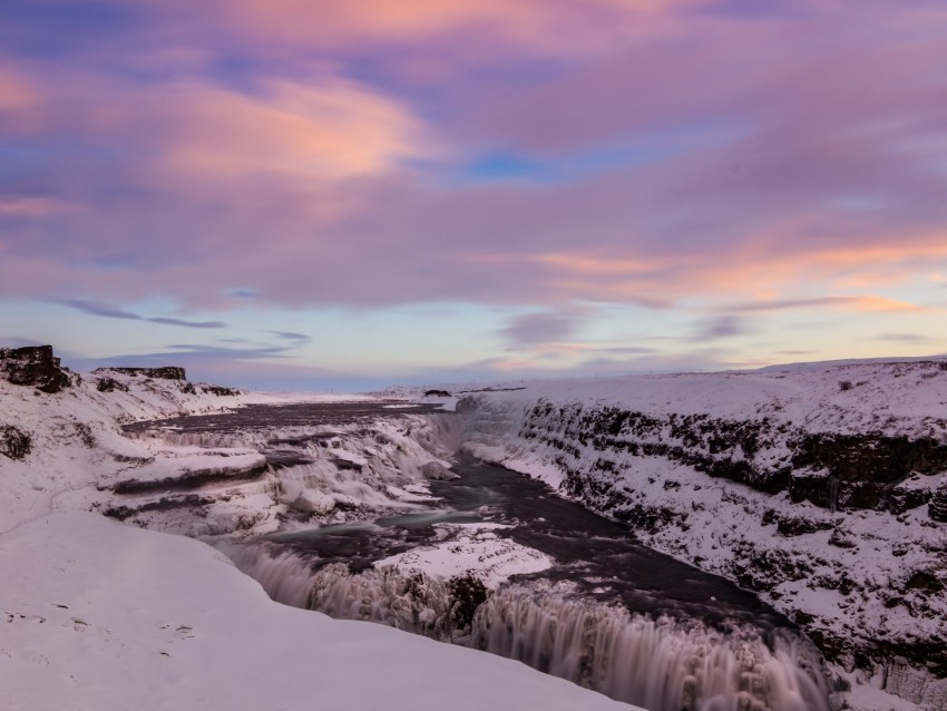 waterfall ice snow sunset sky winter PNG with no background required 4k wallpaper