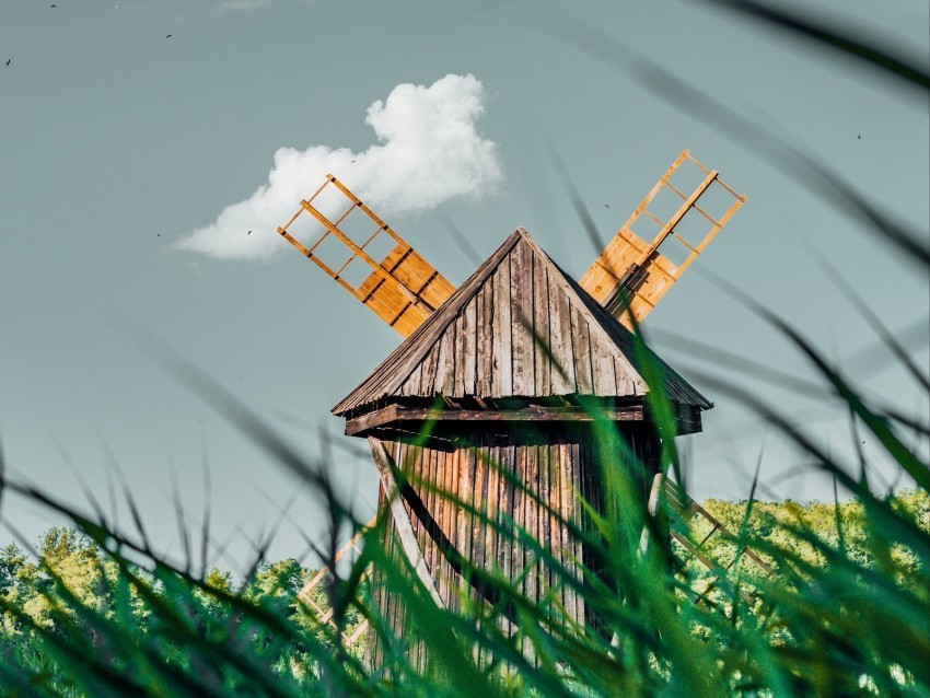 windmill old wooden grass field Transparent PNG Image Isolation