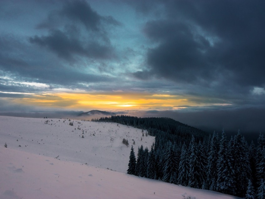 winter mountains forest snow sunset sky clouds snowy HighQuality Transparent PNG Isolated Element Detail