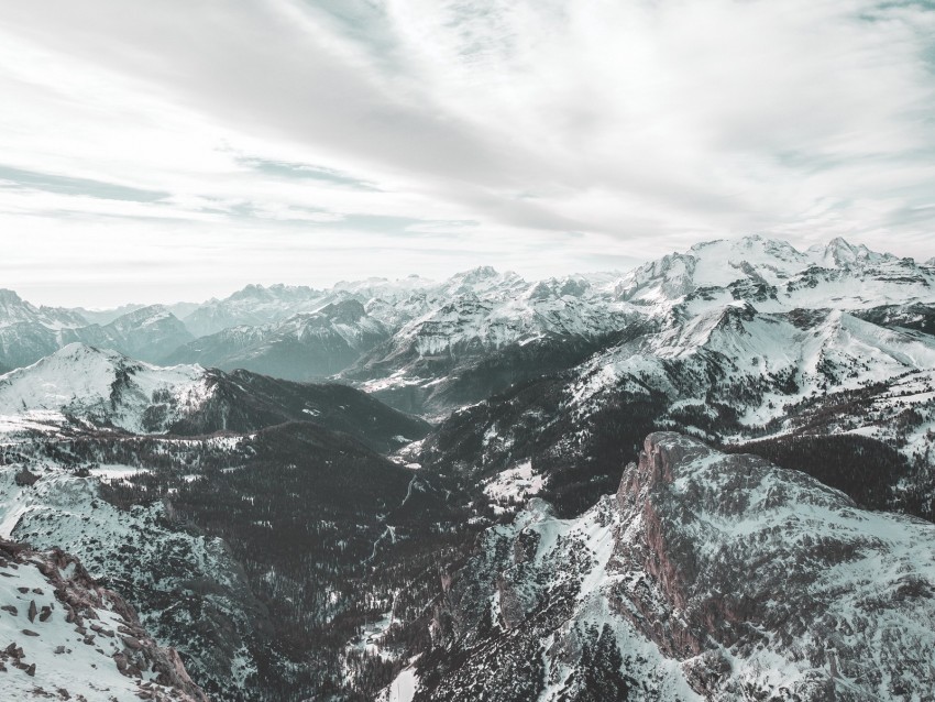 winter snow mountains aerial view dolomites italy sky clouds PNG with cutout background