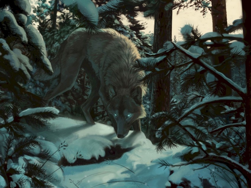 wolf forest snow art predator trees Clean Background Isolated PNG Image